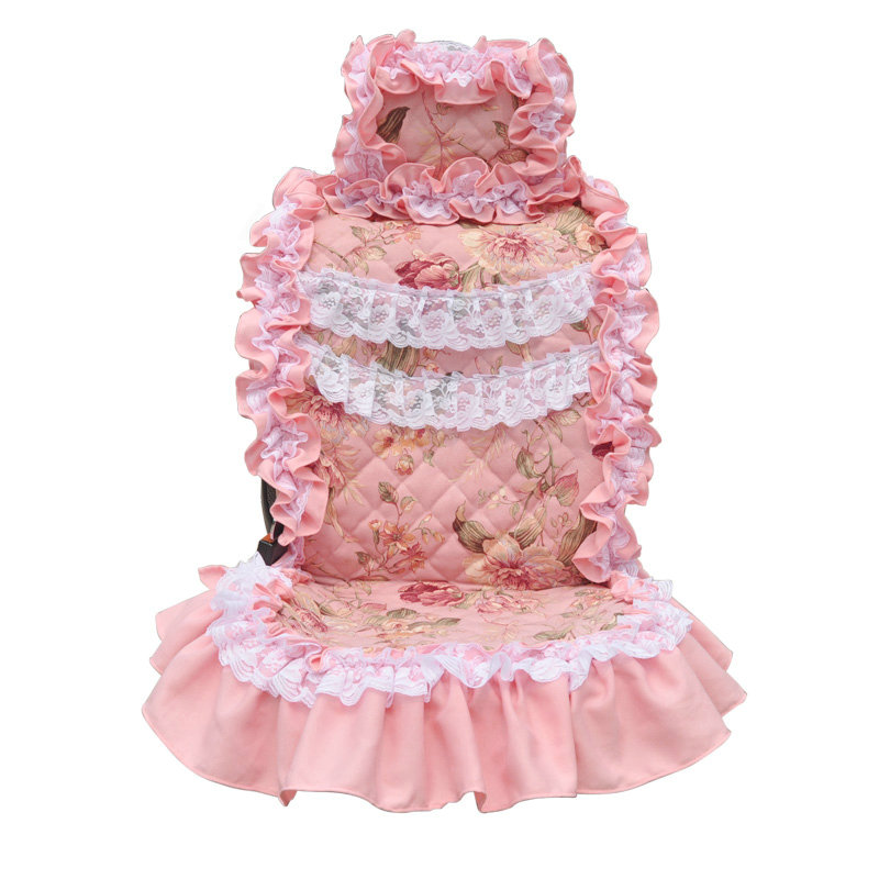 Luxury Universal Cotton Flower Print lace Car Seat Cover Auto Cushion 7pcs Sets - Pink