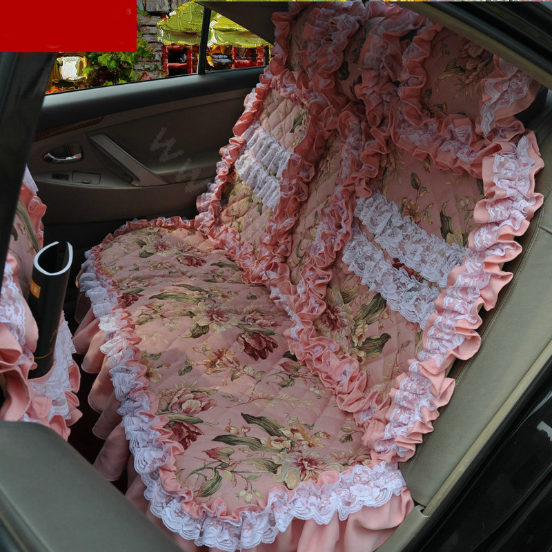 Luxury Universal Cotton Flower Print lace Car Seat Cover Auto Cushion 7pcs Sets - Pink