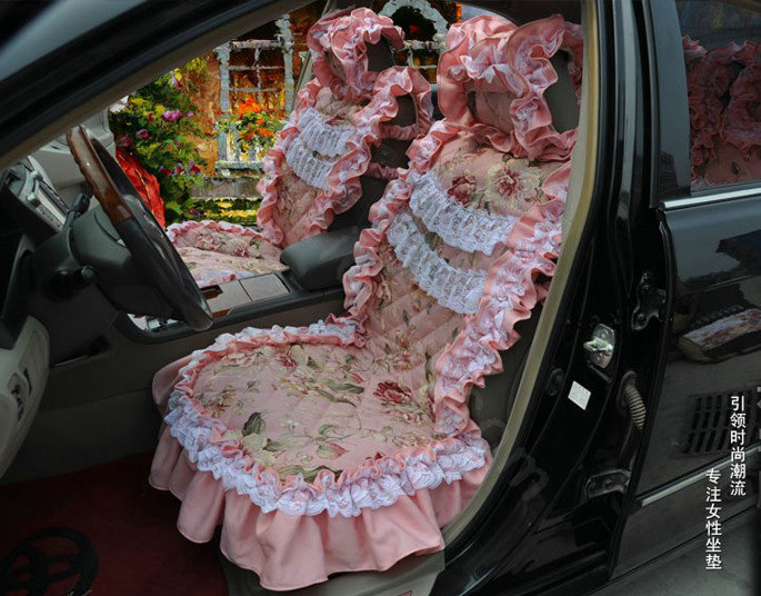 Luxury Universal Cotton Flower Print lace Car Seat Cover Auto Cushion 7pcs Sets - Pink