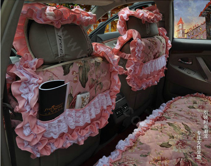 Luxury Universal Cotton Flower Print lace Car Seat Cover Auto Cushion 7pcs Sets - Pink
