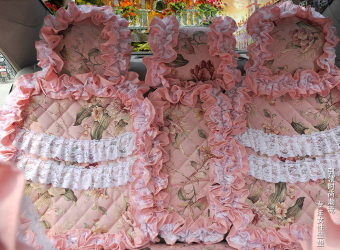 Luxury Universal Cotton Flower Print lace Car Seat Cover Auto Cushion 7pcs Sets - Pink