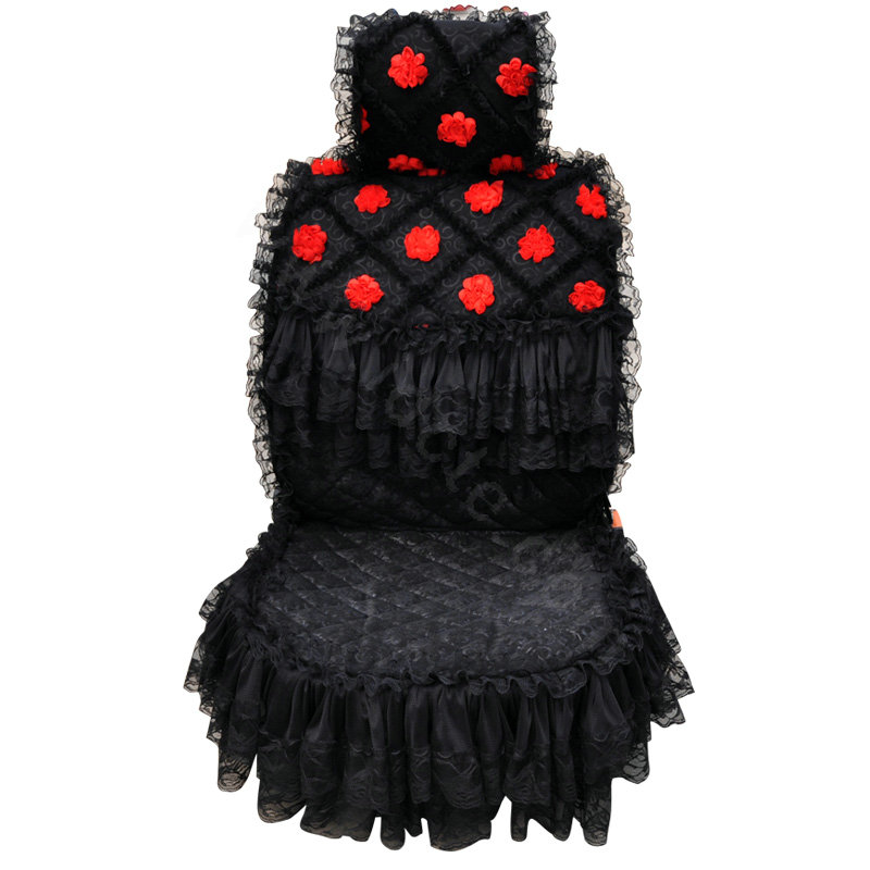 Luxury Universal Cotton lace Flower Car Seat Cover Auto Cushion 7pcs Sets - Black