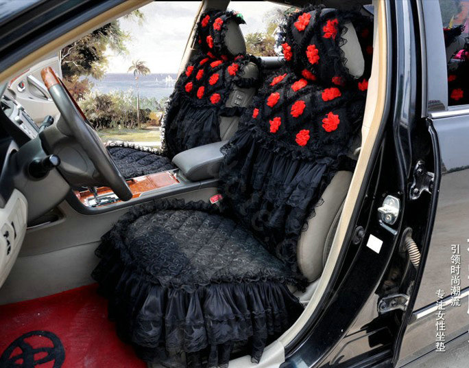 Luxury Universal Cotton lace Flower Car Seat Cover Auto Cushion 7pcs Sets - Black