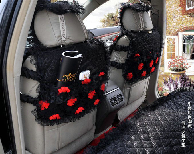 Luxury Universal Cotton lace Flower Car Seat Cover Auto Cushion 7pcs Sets - Black