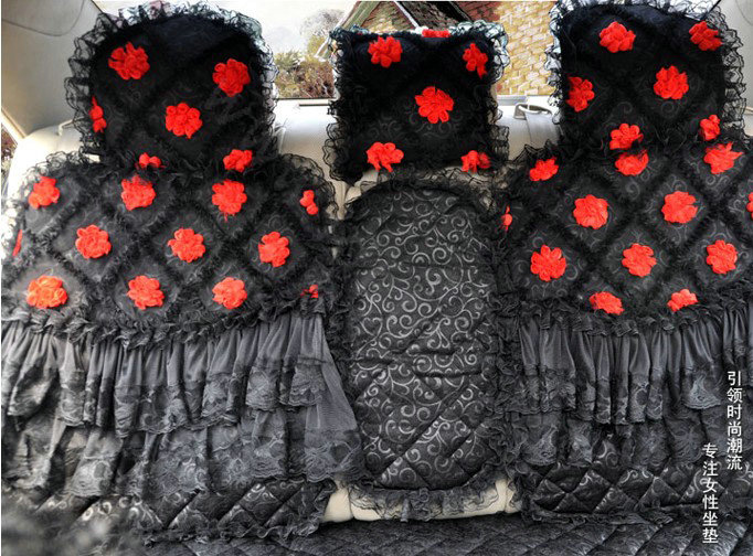 Luxury Universal Cotton lace Flower Car Seat Cover Auto Cushion 7pcs Sets - Black