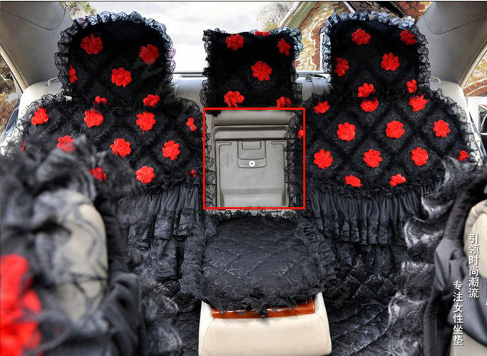 Luxury Universal Cotton lace Flower Car Seat Cover Auto Cushion 7pcs Sets - Black