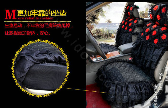 Luxury Universal Cotton lace Flower Car Seat Cover Auto Cushion 7pcs Sets - Black