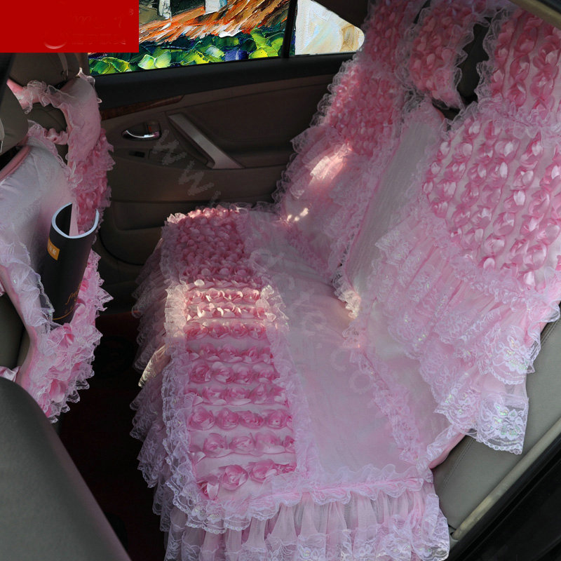 Luxury Universal Cotton lace Flower Car Seat Cover Auto Cushion 7pcs Sets - Pink