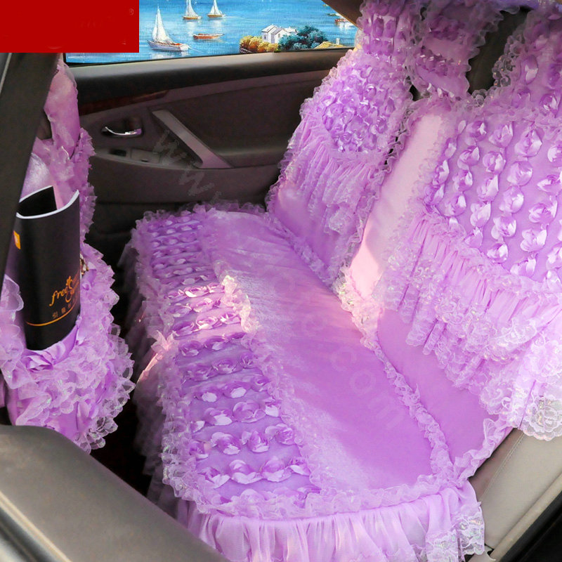 Luxury Universal Cotton lace Flower Car Seat Cover Auto Cushion 7pcs Sets - Purple