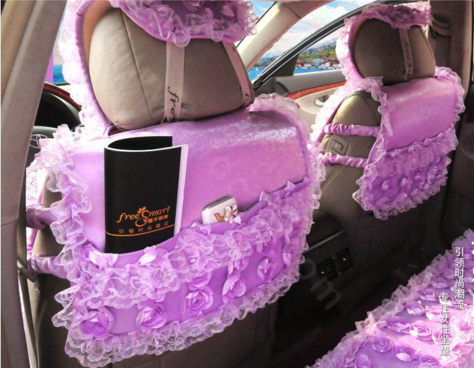 Luxury Universal Cotton lace Flower Car Seat Cover Auto Cushion 7pcs Sets - Purple