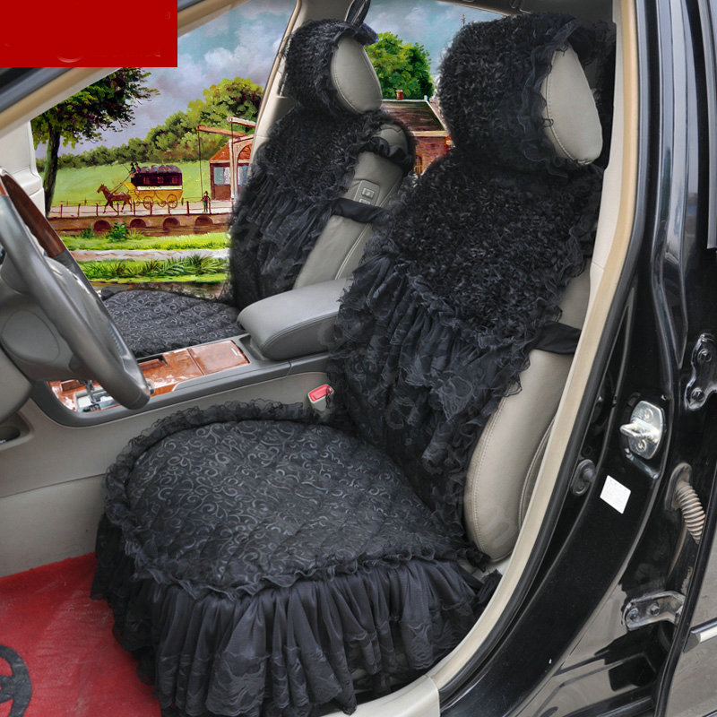 Luxury Universal PP Cotton lace Flower Car Seat Cover Auto Cushion 7pcs Sets - Black
