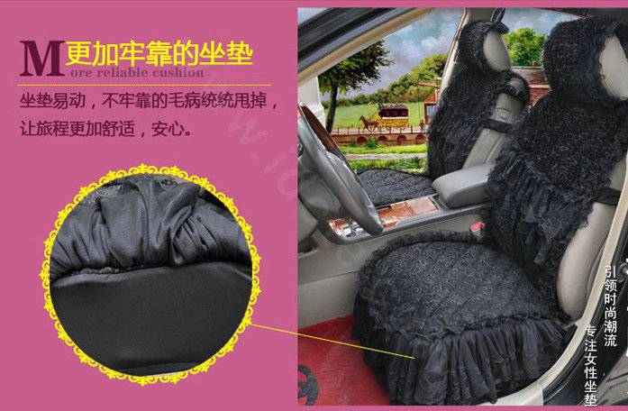 Luxury Universal PP Cotton lace Flower Car Seat Cover Auto Cushion 7pcs Sets - Black