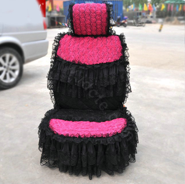 Luxury Universal PP Cotton lace Flower Car Seat Cover Auto Cushion 7pcs Sets - Rose+Black
