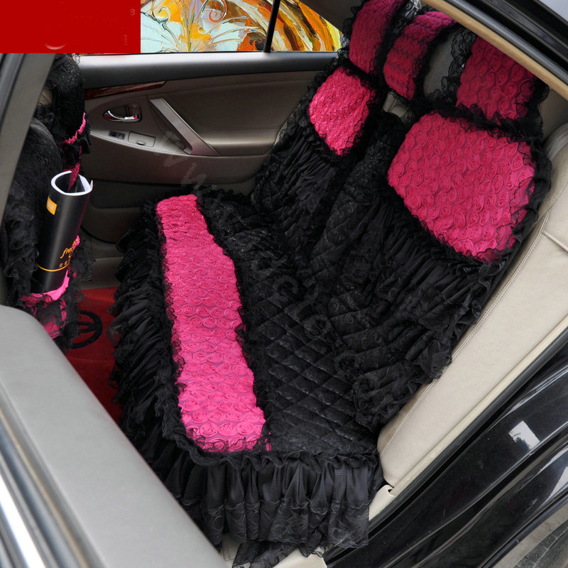 Luxury Universal PP Cotton lace Flower Car Seat Cover Auto Cushion 7pcs Sets - Rose+Black
