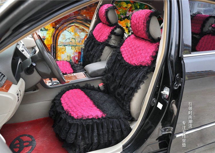 Luxury Universal PP Cotton lace Flower Car Seat Cover Auto Cushion 7pcs Sets - Rose+Black