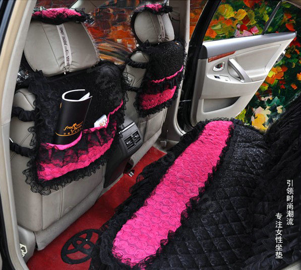 Luxury Universal PP Cotton lace Flower Car Seat Cover Auto Cushion 7pcs Sets - Rose+Black