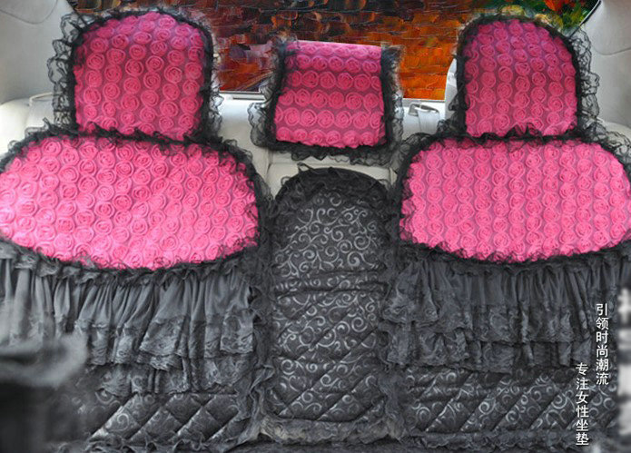 Luxury Universal PP Cotton lace Flower Car Seat Cover Auto Cushion 7pcs Sets - Rose+Black