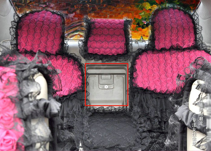 Luxury Universal PP Cotton lace Flower Car Seat Cover Auto Cushion 7pcs Sets - Rose+Black