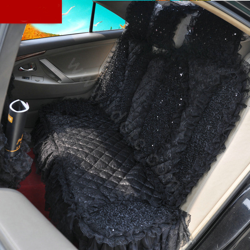 Luxury Universal lace Flower Car Seat Cover PP Cotton Auto Cushion 7pcs Sets - Black