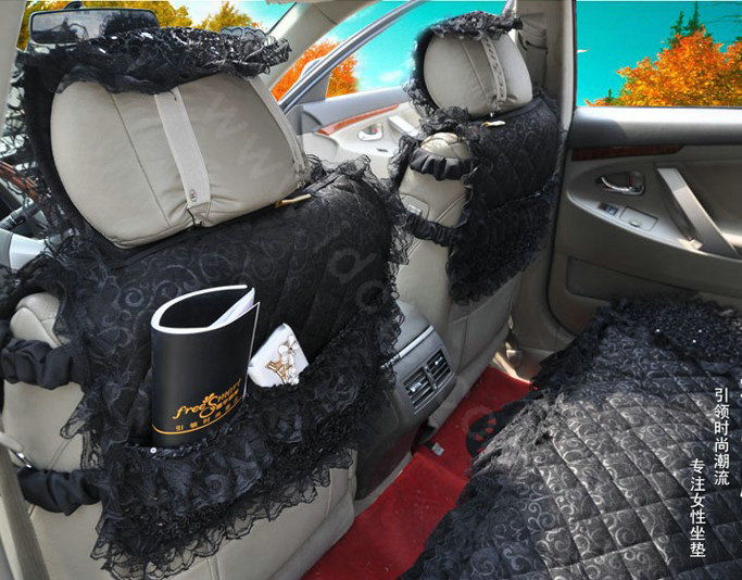 Luxury Universal lace Flower Car Seat Cover PP Cotton Auto Cushion 7pcs Sets - Black