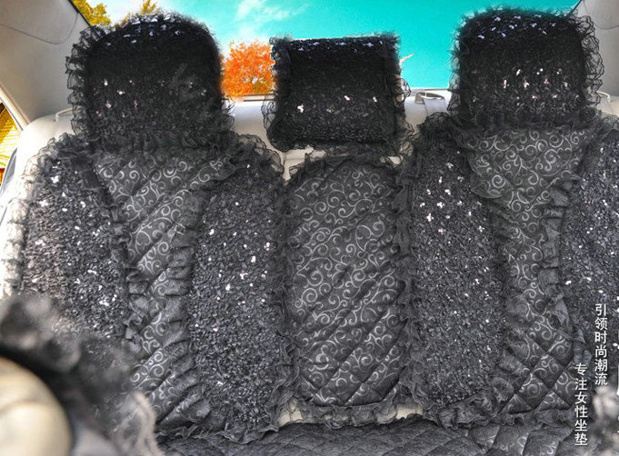 Luxury Universal lace Flower Car Seat Cover PP Cotton Auto Cushion 7pcs Sets - Black