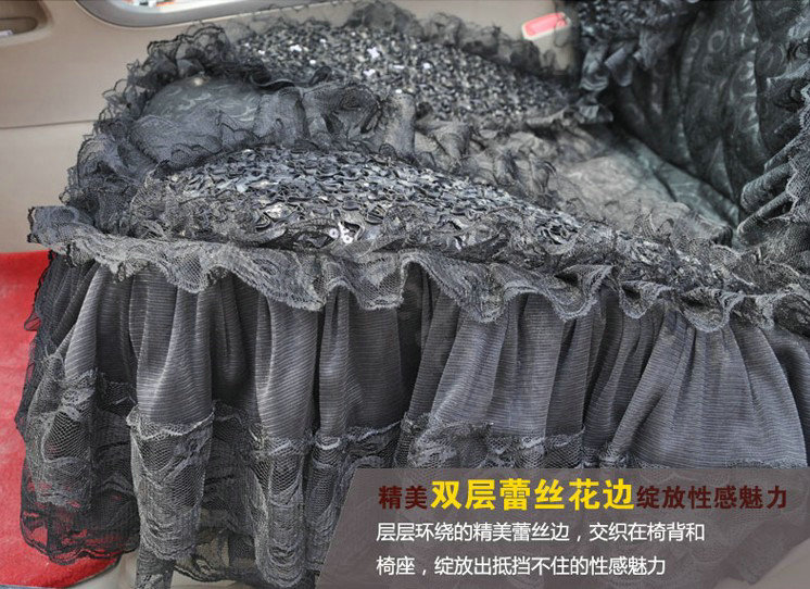 Luxury Universal lace Flower Car Seat Cover PP Cotton Auto Cushion 7pcs Sets - Black