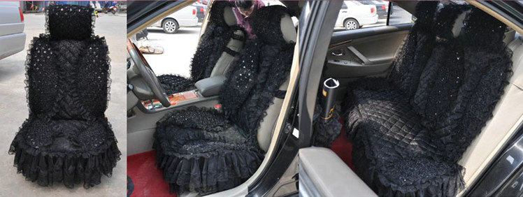 Luxury Universal lace Flower Car Seat Cover PP Cotton Auto Cushion 7pcs Sets - Black