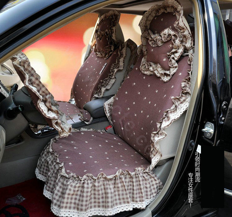 Universal Cotton Apple flower Print lace Auto Car Seat Cover 19pcs Sets - Coffee