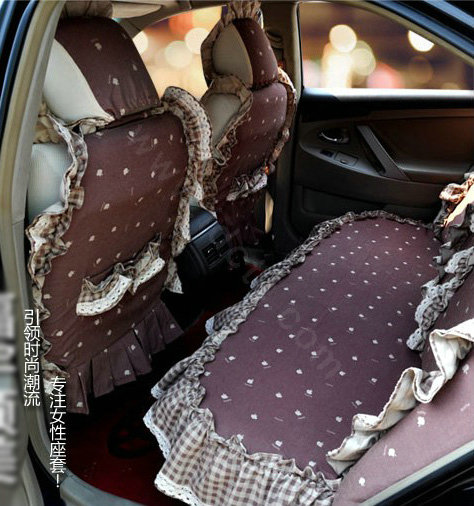 Universal Cotton Apple flower Print lace Auto Car Seat Cover 19pcs Sets - Coffee