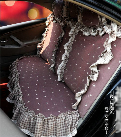 Universal Cotton Apple flower Print lace Auto Car Seat Cover 19pcs Sets - Coffee
