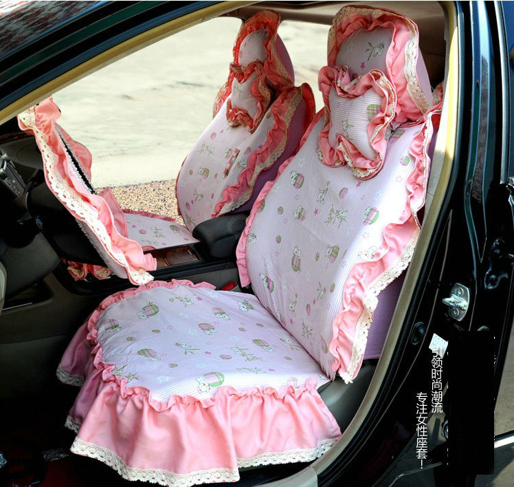 Universal Cotton Cute flower Print lace Auto Car Seat Cover 19pcs Sets - Pink