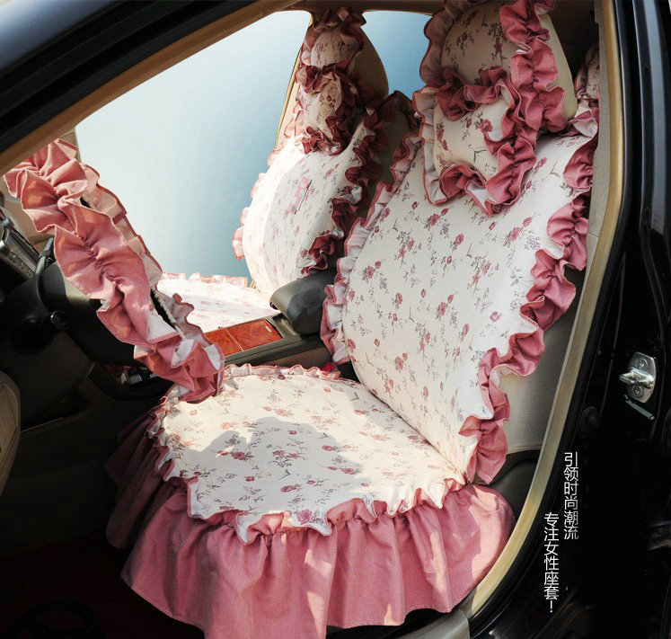 Universal Cotton Elegant flower Print Folds Auto Car Seat Cover 19pcs Sets - Red