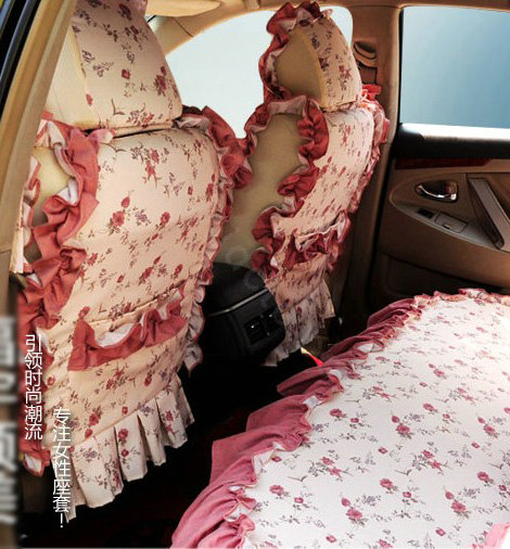 Universal Cotton Elegant flower Print Folds Auto Car Seat Cover 19pcs Sets - Red