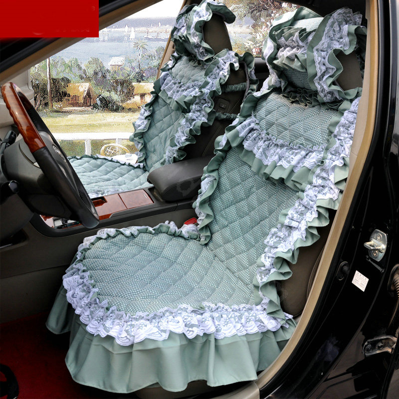 Universal Cotton Floral Print lace Car Seat Cover Auto Cushion 7pcs Sets - Green