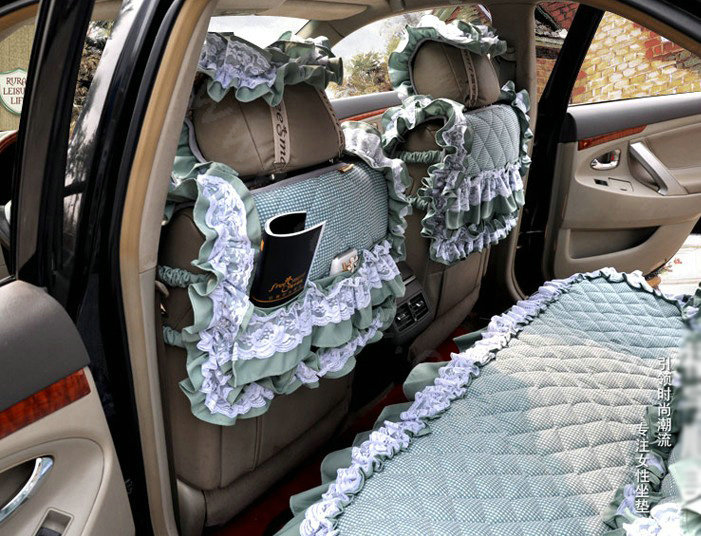 Universal Cotton Floral Print lace Car Seat Cover Auto Cushion 7pcs Sets - Green