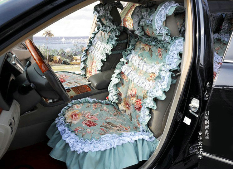 Universal Cotton Hawaiian Floral Print lace Car Seat Cover Auto Cushion 7pcs Sets - Blue