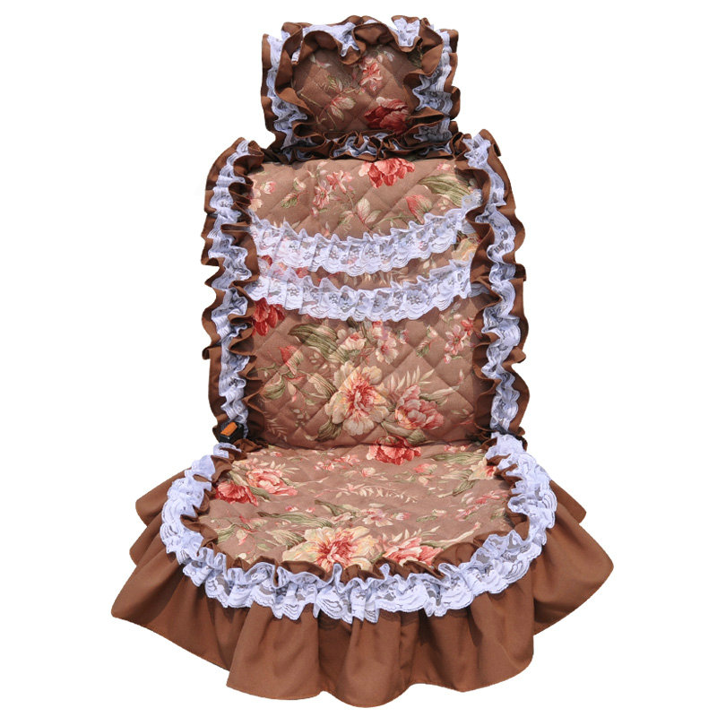 Universal Cotton Hawaiian Floral Print lace Car Seat Cover Auto Cushion 7pcs Sets - Coffee