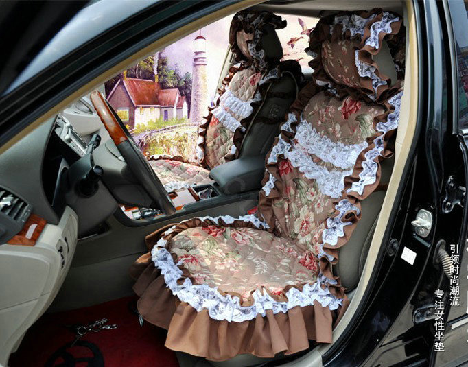 Universal Cotton Hawaiian Floral Print lace Car Seat Cover Auto Cushion 7pcs Sets - Coffee