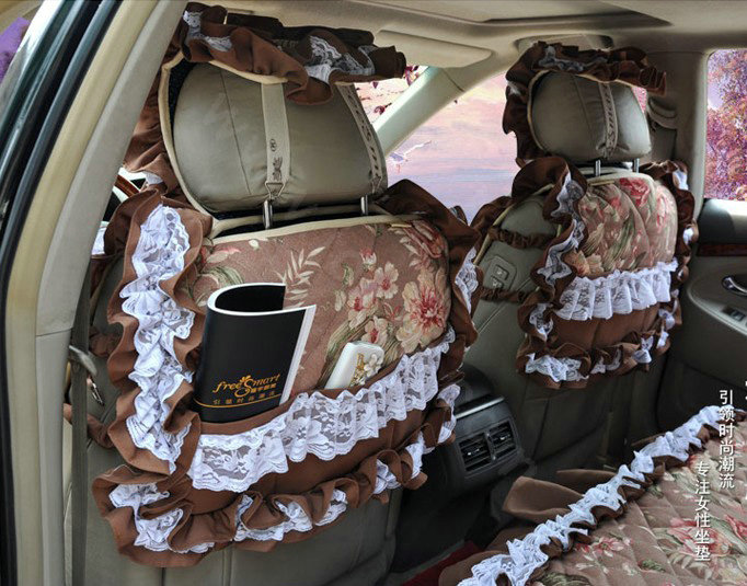 Universal Cotton Hawaiian Floral Print lace Car Seat Cover Auto Cushion 7pcs Sets - Coffee