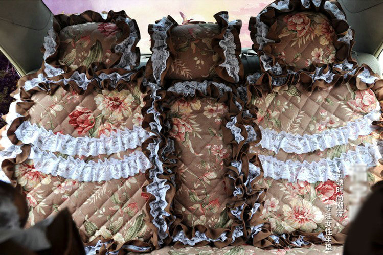 Universal Cotton Hawaiian Floral Print lace Car Seat Cover Auto Cushion 7pcs Sets - Coffee