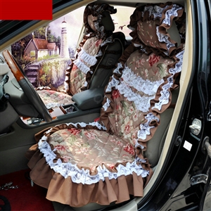 Universal Cotton Hawaiian Floral Print lace Car Seat Cover Auto Cushion 7pcs Sets - Coffee