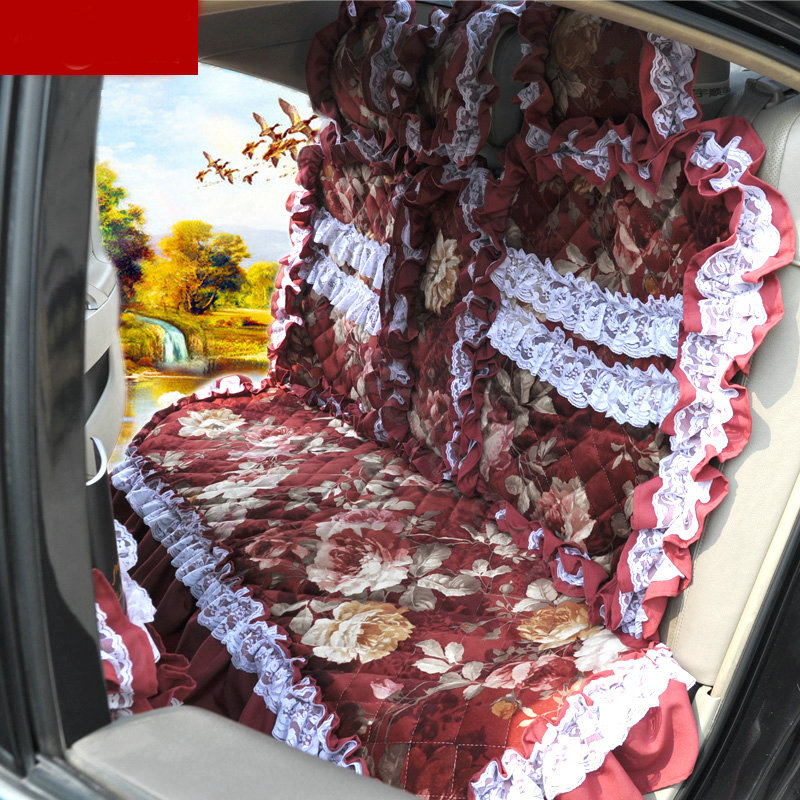 Universal Cotton Hawaiian Floral Print lace Car Seat Cover Auto Cushion 7pcs Sets - Red
