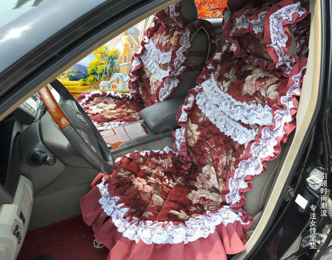 Universal Cotton Hawaiian Floral Print lace Car Seat Cover Auto Cushion 7pcs Sets - Red