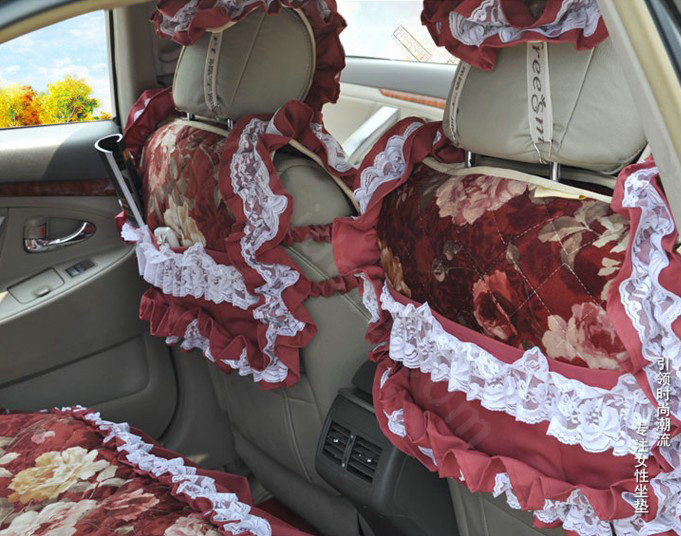 Universal Cotton Hawaiian Floral Print lace Car Seat Cover Auto Cushion 7pcs Sets - Red