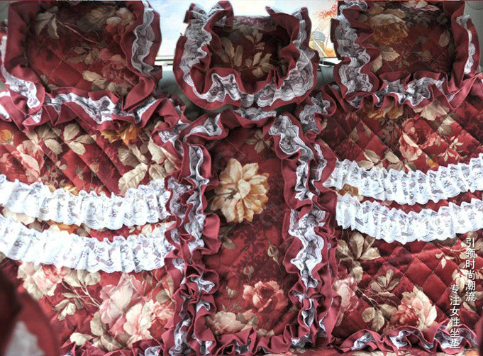 Universal Cotton Hawaiian Floral Print lace Car Seat Cover Auto Cushion 7pcs Sets - Red