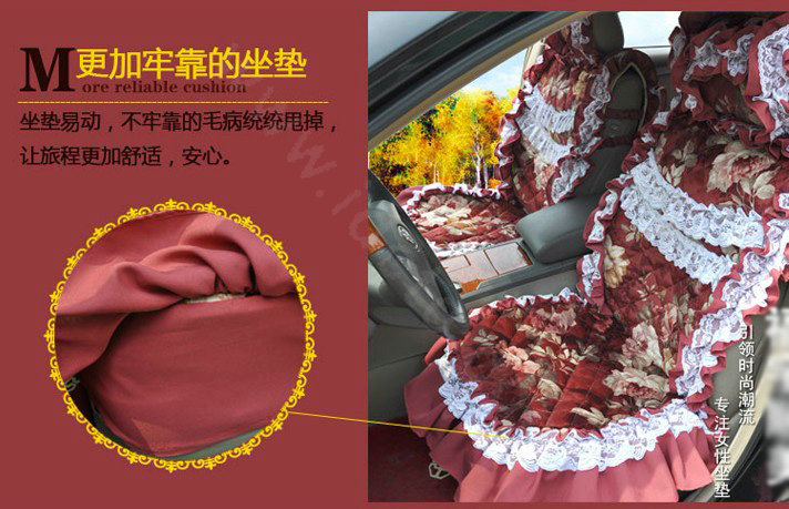 Universal Cotton Hawaiian Floral Print lace Car Seat Cover Auto Cushion 7pcs Sets - Red