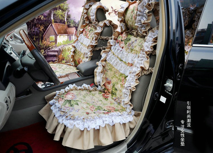 Universal Cotton Hawaiian Flower Print lace Car Seat Cover Auto Cushion 7pcs Sets - Yellow