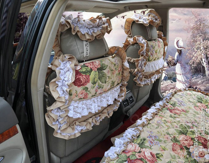 Universal Cotton Hawaiian Flower Print lace Car Seat Cover Auto Cushion 7pcs Sets - Yellow