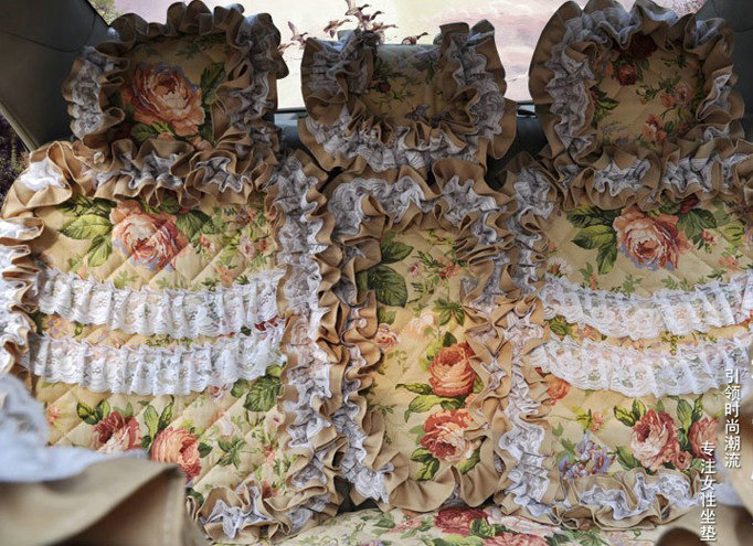 Universal Cotton Hawaiian Flower Print lace Car Seat Cover Auto Cushion 7pcs Sets - Yellow