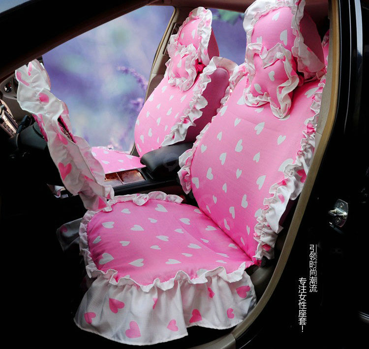 Universal Cotton Heart flowered Print Folds Auto Car Seat Cover 19pcs Sets - Pink